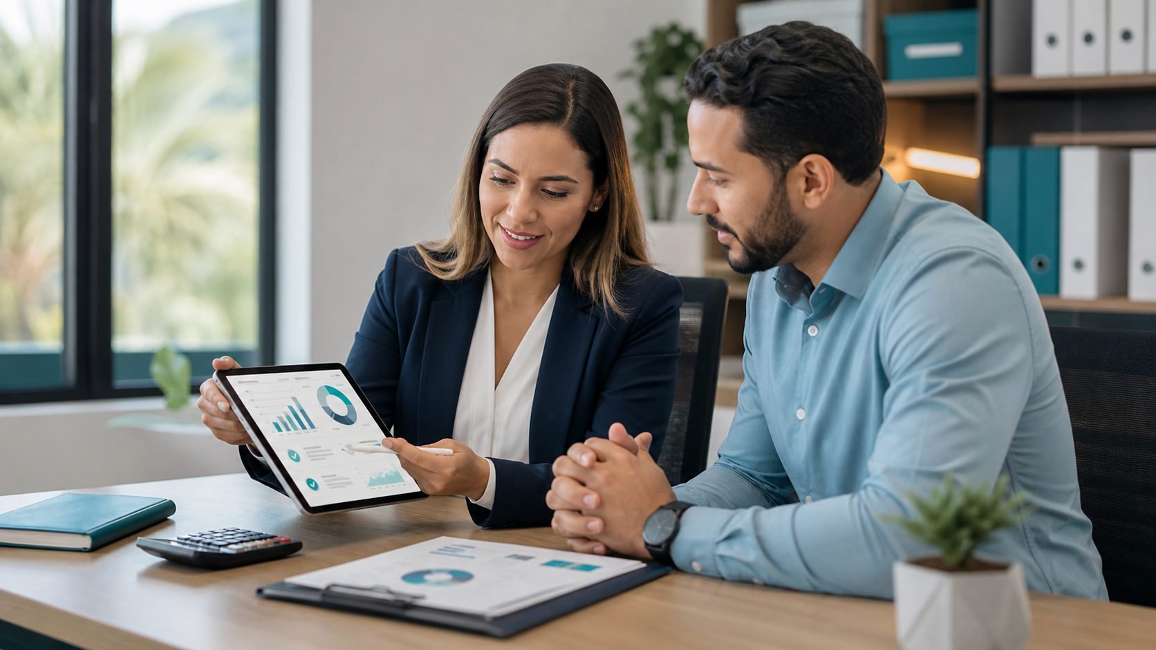 Contadora asesorando a un cliente con reportes en Factly