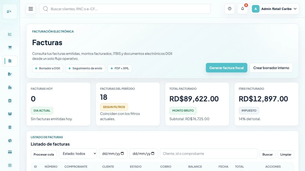 Pantalla de facturas de Factly, tomada del material de ayuda del repositorio
