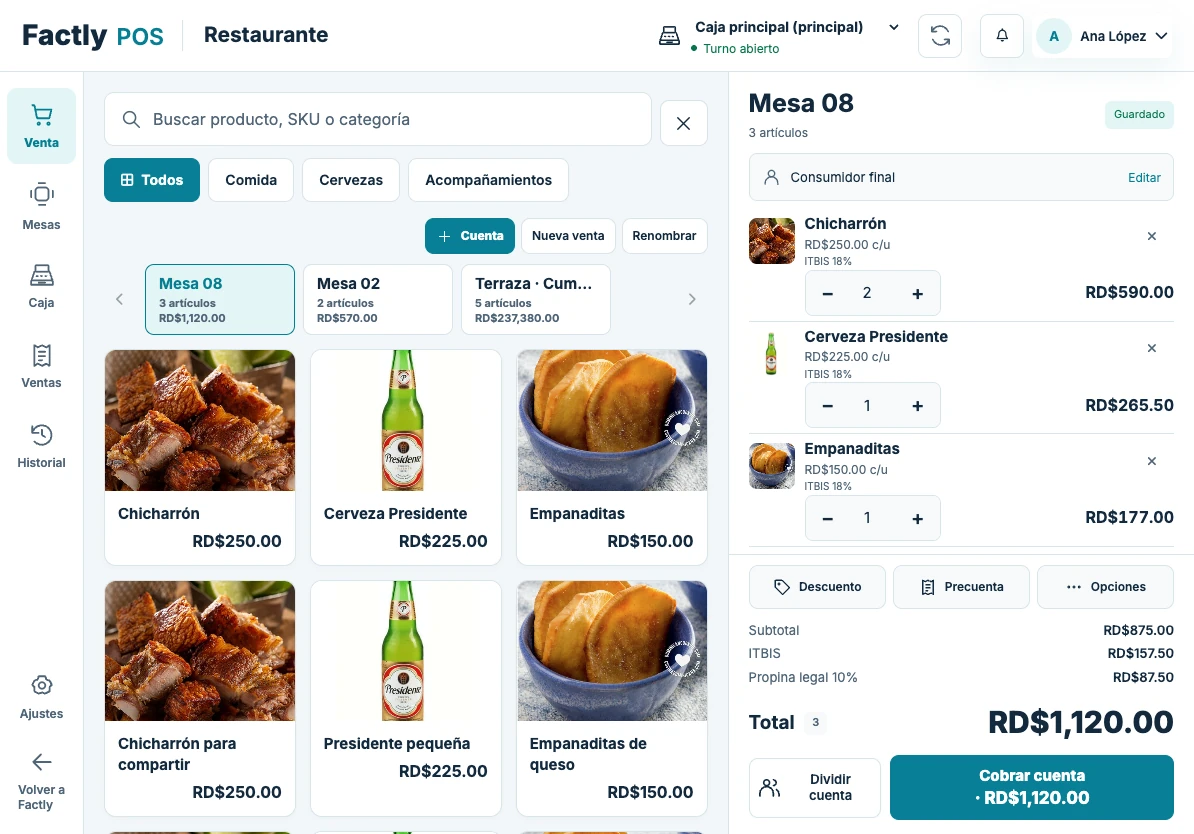 Nuevo Factly POS: restaurante en tema claro, con datos de prueba